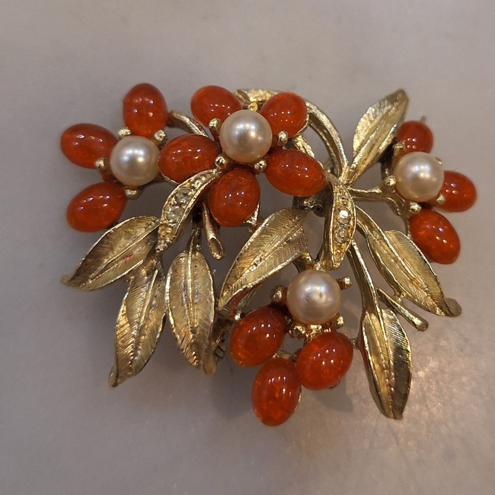 Vintage Floral Brooch MCM Women OS Gold Orange Pearl Rhinestone Pin Jewelry